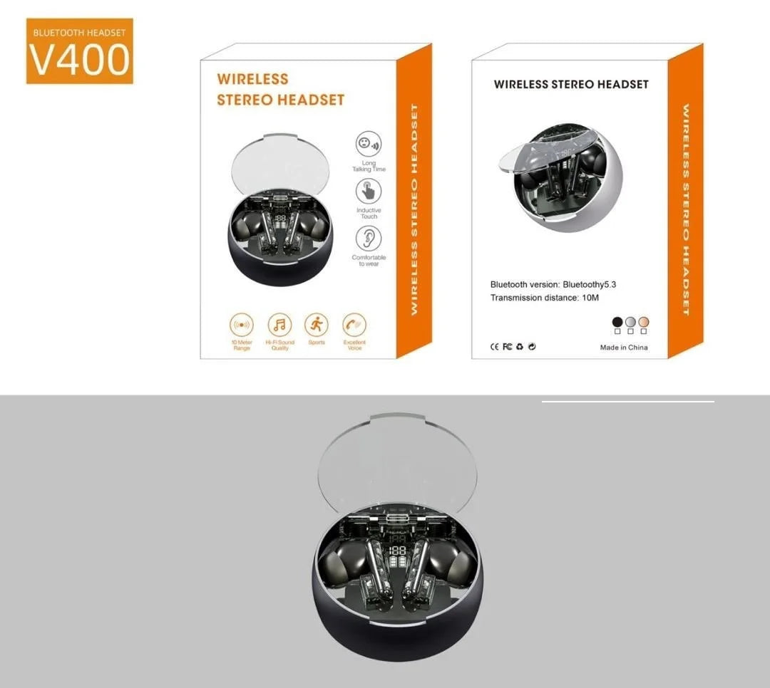 V-Tech V400 Transparent TWS In-Ear Headset with LED Digital Display